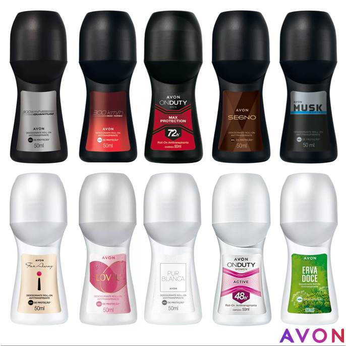 (Kit 3 unid.) Desodorante Roll-On Antitranspirante Avon 50ml: Far Away, Baby Smell, Petit, On Duty, Erva Doce, Aquavibe