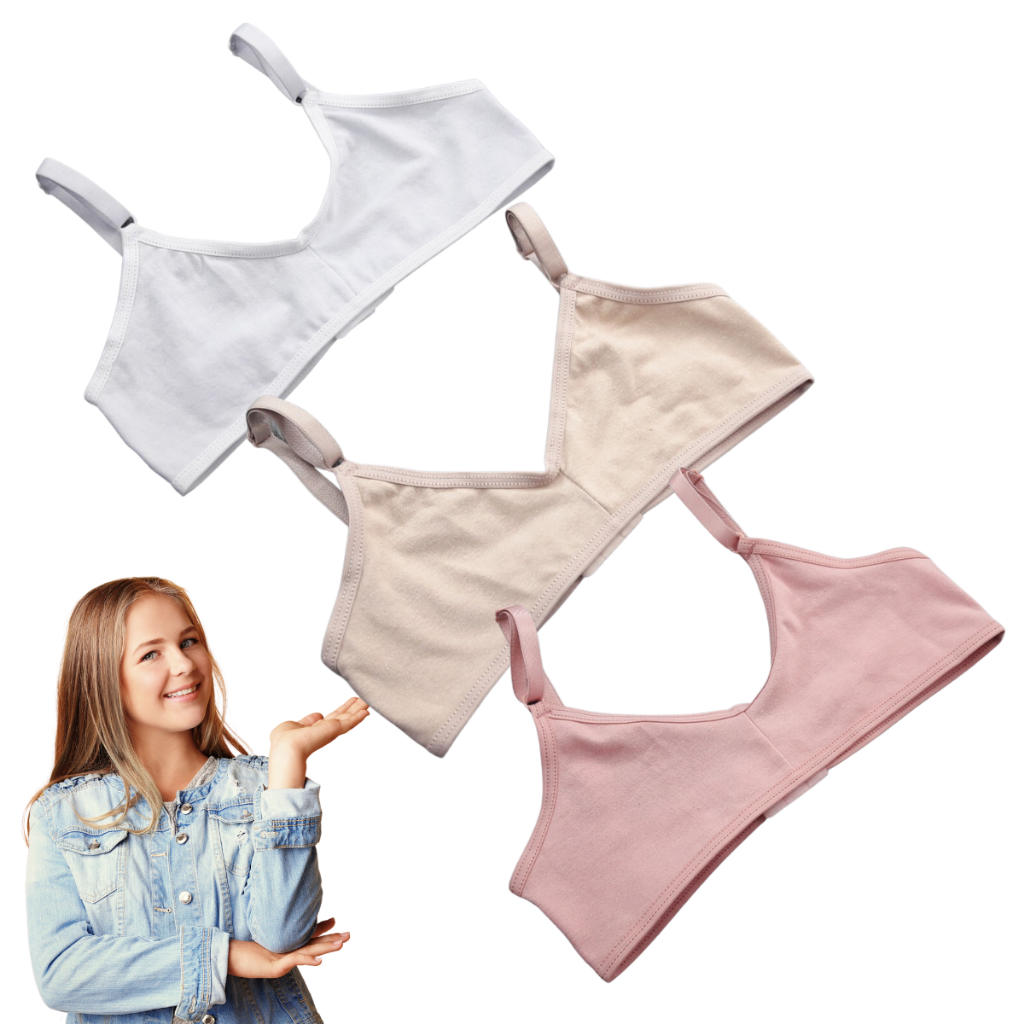 KIT com 3 Sutiãs Infantil Menina Moça Adolescente sem Bojo algodão Uniforme Escolar Farda Blusas Vestido 6-14 anos