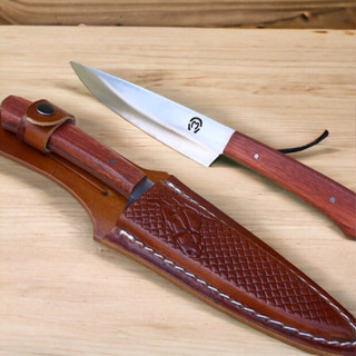 Faca Para Churrasco Artesanal Inox 420 Cabo Madeira C/ Bainha Couro Corte Afiado Cozinha Pesca Caçaa