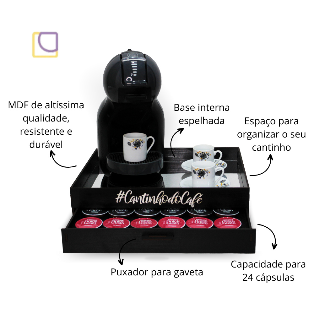 Bandeja Porta Cápsulas Dolce Gusto Espelhada Cantinho do Café Premium Apoio Cafeteira Servir mdf Decorativa Café Chá Xícara Bule Garrafa