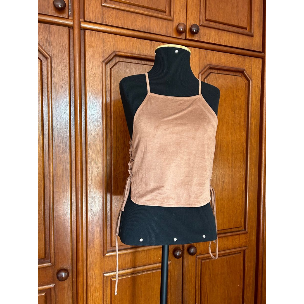 Cropped TAM P FOREVER21 Bronze Camurça Veludo Brilho Amarrações, brechó