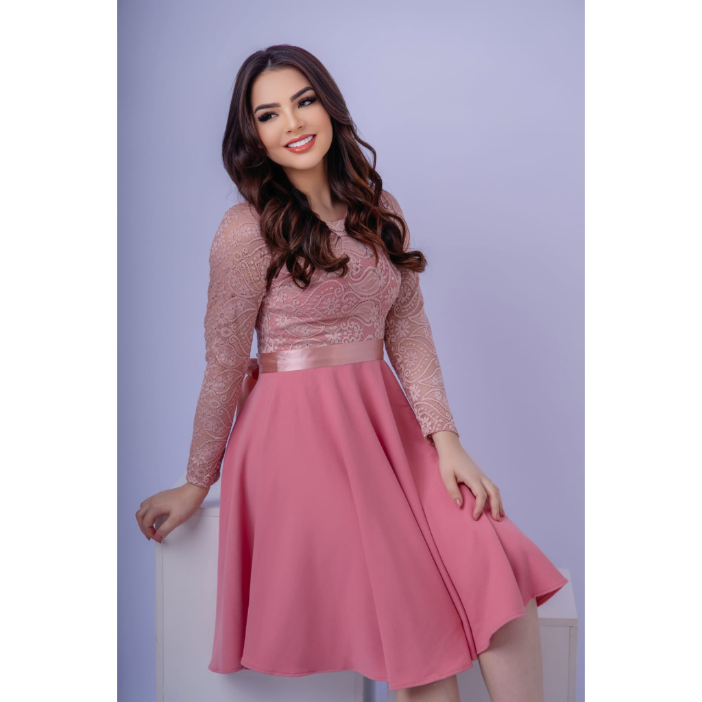 Vestido Moda Evangélica em Crepe Com Elastano e Renda Poliamida