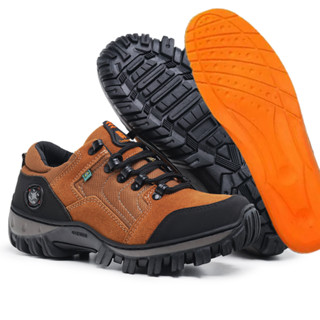 Tenis Masculino De Couro Adventure Trabalho Sola Antiderrapante Confortável Palmilha Laranja