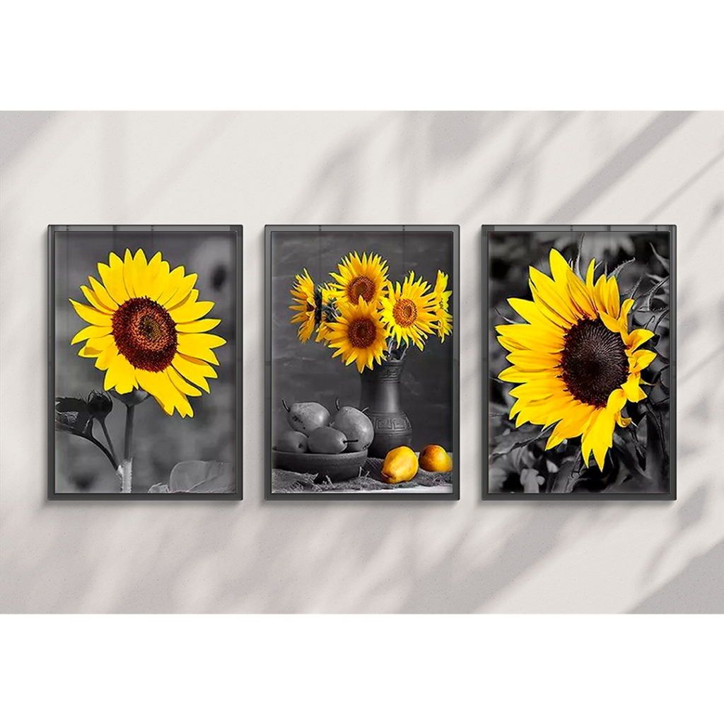 Kit Quadros Decorativos Mosaico 3 Peças Trio Flor Floral Giral Sol Amarelo Preto e Branco Abstrato Modular Cozinha Sala Presente Árvore da Vida Cantinho fo Café Papoula Orquídea Hipismo