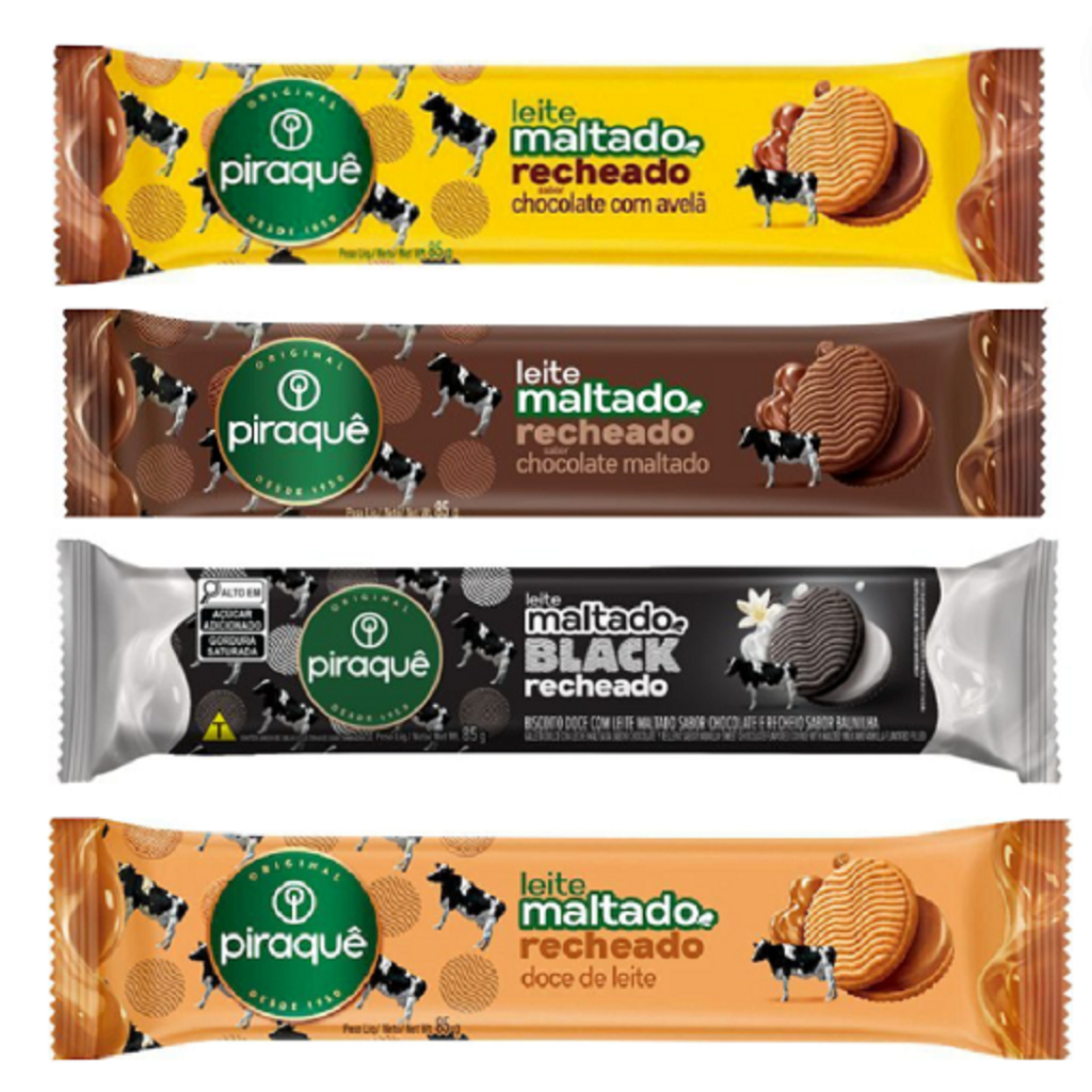 Biscoito Recheado Leite Maltado Piraque 4 Pcts 85g Chocolate Avela Chocolate Maltado Doce de Leite Chocolate Black