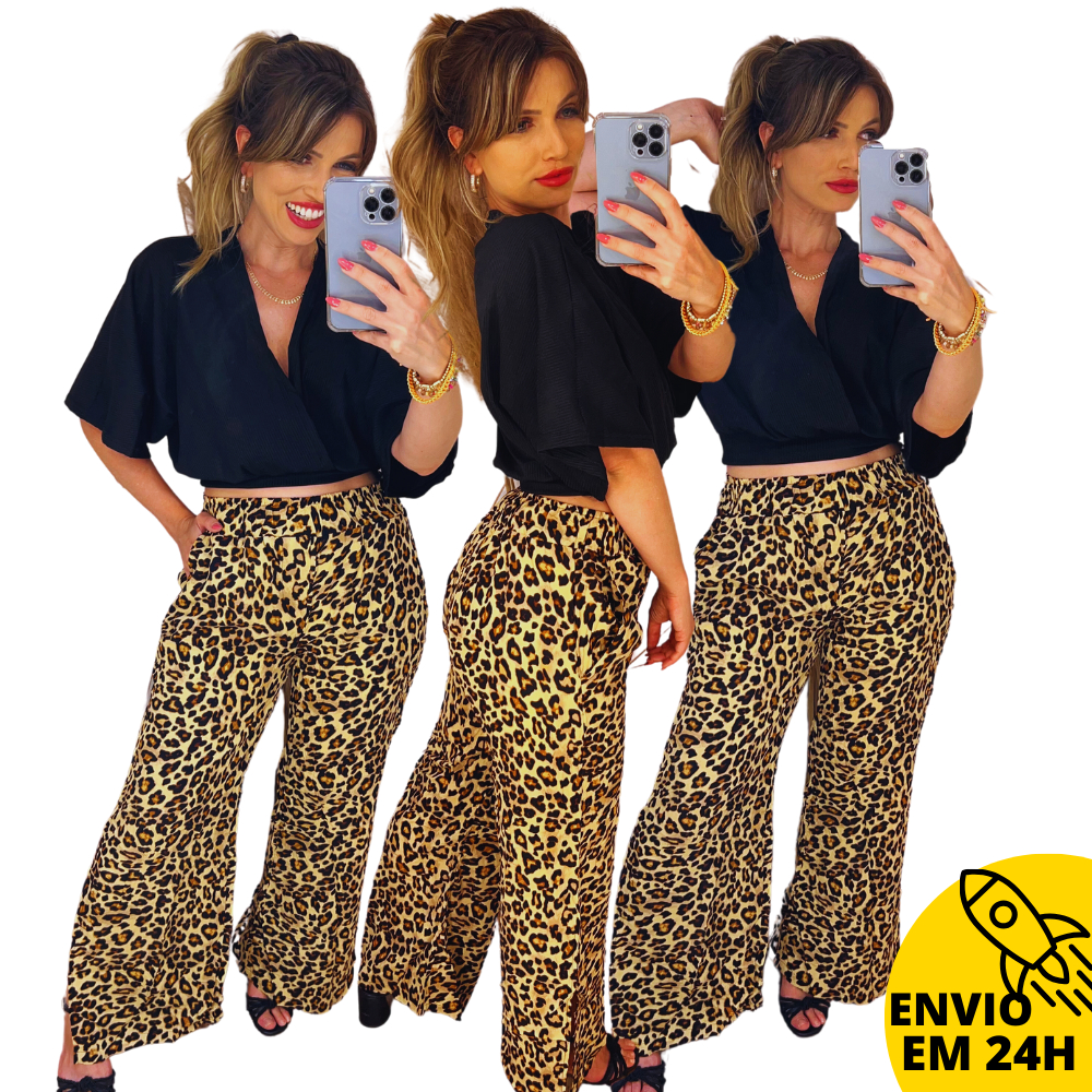 Calça Pantalona Onça Feminina Com Bolso Forrada Fendas Laterais Soltinha Levinha Cintura Alta Elastico Forro Farm Moda Adulto Mulher Roupa Santorini Super Envio - ONCINHA em Oferta na Shopee