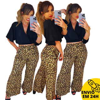 Calça Pantalona Onça Feminina Com Bolso Forrada Fendas Laterais Soltinha Levinha Cintura Alta Elastico Forro Farm Moda Adulto Mulher Roupa Santorini Super Envio - ONCINHA em Oferta na Shopee