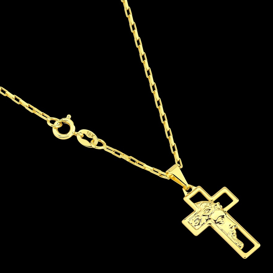 Corrente Cordão Masculino Veneziana Tijolinho com Pingente Cruz Face de Cristo Banhado a Ouro18k