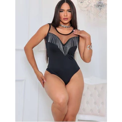 Body Feminino Regata Com Aplicação Em Franja De Strass Tecido Suplex-Tule/ Blusas Feminina/ Sexy e Elegante