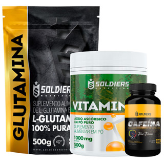 Kit: Cafeína 60 Caps 200mg + Vitamina C Em Pó 500g + Glutamina 500g - 100% Puro Importado - Soldiers Nutrition