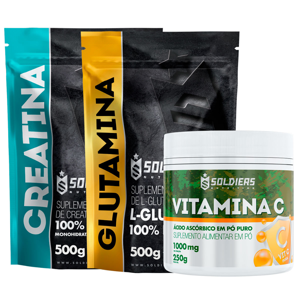 Kit: Glutamina 500g + Vitamina C Em Pó 250g + Creatina Monohidratada 500g - 100% Puro Importado - Soldiers Nutrition