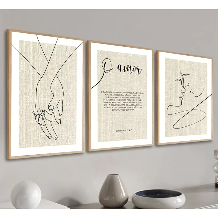 Quadro decorativo coríntios 13 4-7 sobre o amor biblico 3 peças sala quarto cozinha e escritorio decoraçao