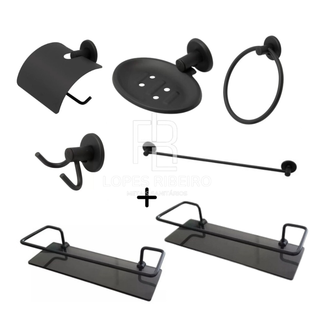 Combo 7 Itens Kit Acessórios Para Banheiro Stander 5 peças e 2 Porta Shampoo Reto Preto