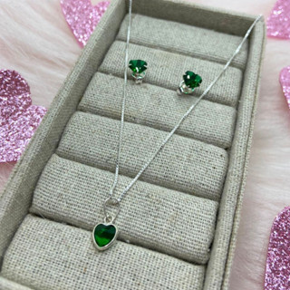 Conjunto Colar E Brinco Coração Prata 925 Pedra Verde