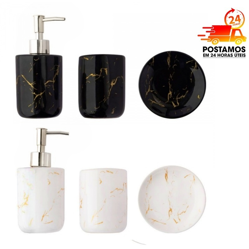 Conjunto kit de cerâmica 3 peças marmorizado banheiro  lavabo - Saboneteira porta sabonete...