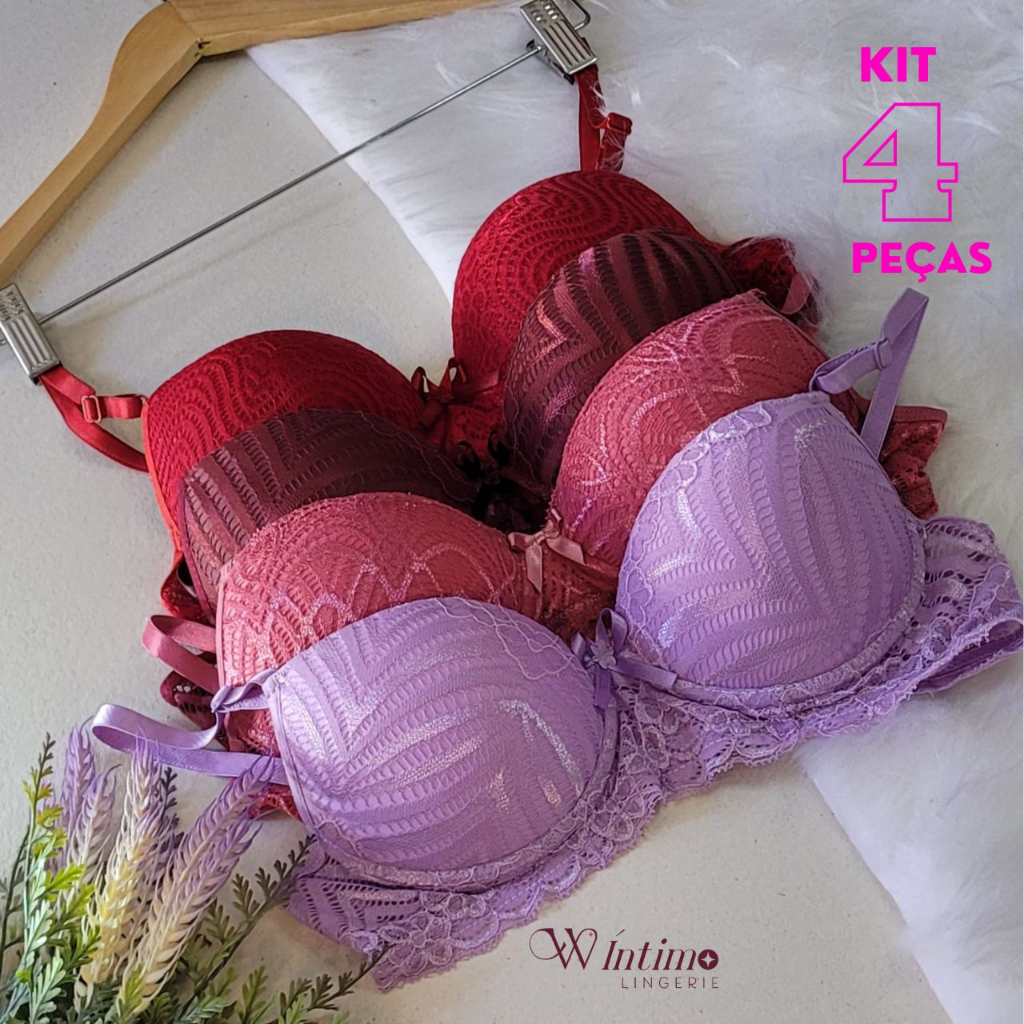 Kit 4 Sutiãs Lingerie Feminina com Bojo Renda Luxo Soutien Sutian
