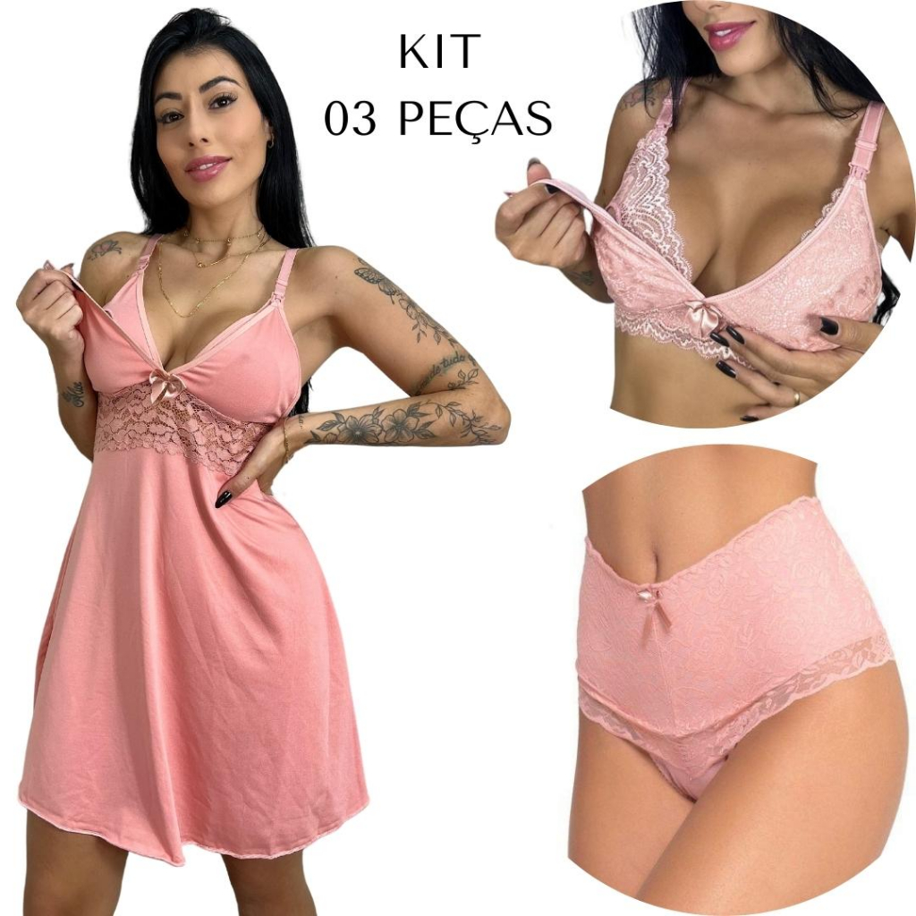 KIT Amamentação 03 Peças Camisola + Sutiã RENDA  + Calcinha Cinta Modeladora Renda.
