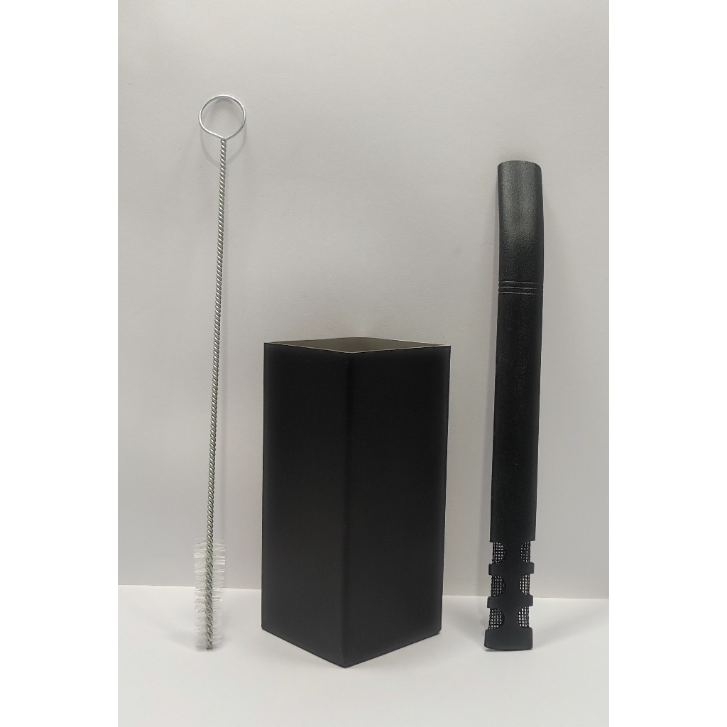 Kit Tereré: Copo Cuia quadrado INOX PRETO 250ml + Bomba V6 TELADA Premium PRETO e Escovinha de Higienização