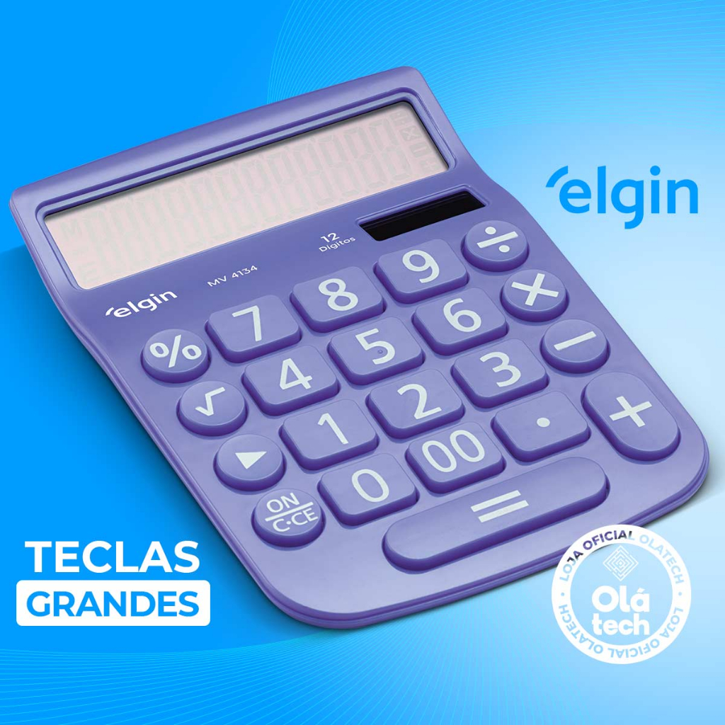 CALCULADORA DIGITAL DE MESA 12 DÍGITOS ELGIN ORIGINAL AZUL TECLA GRANDE COLORIDA