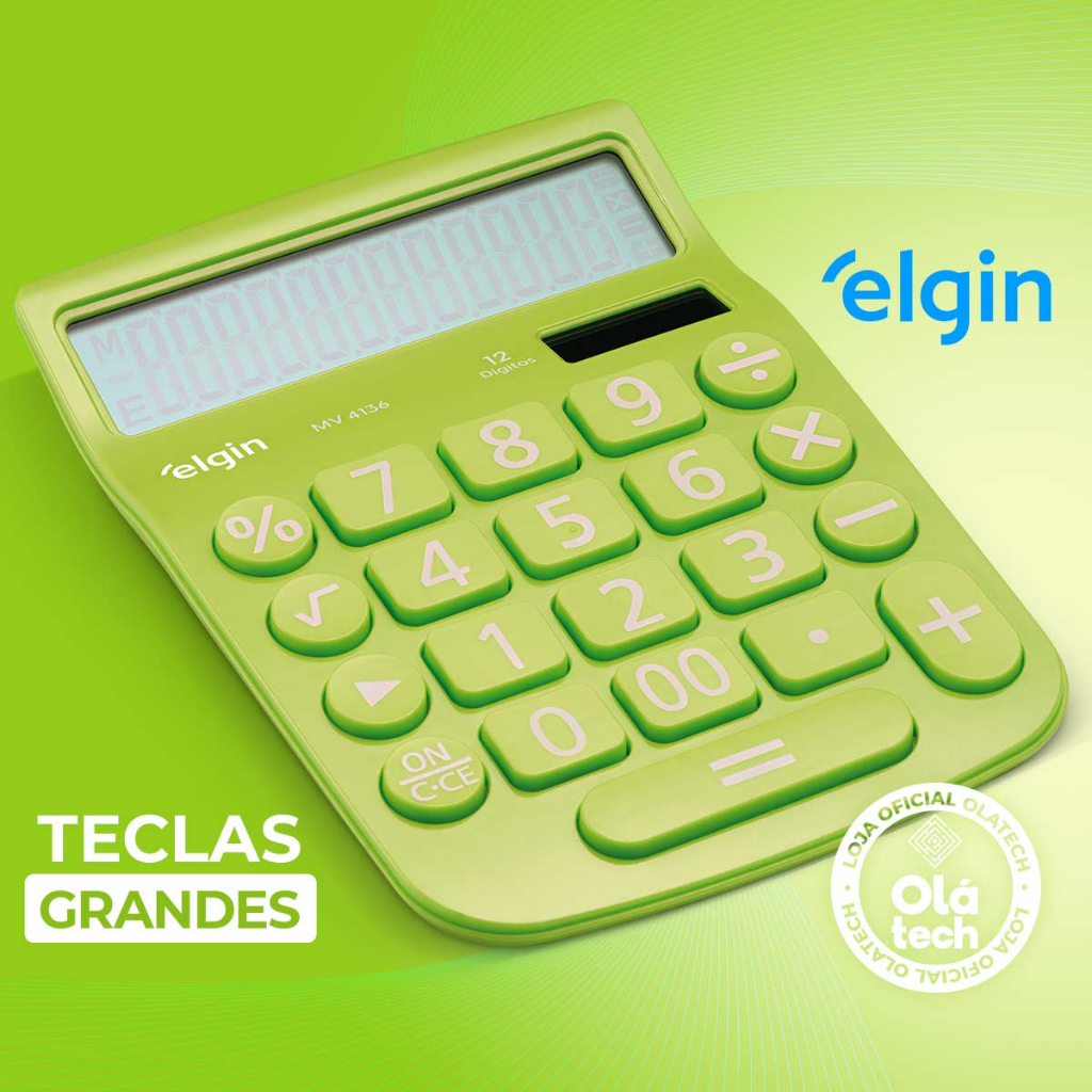 CALCULADORA DIGITAL DE MESA 12 DÍGITOS ELGIN ORIGINAL VERDE TECLA GRANDE COLORIDA