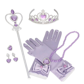 Kit Acessório Festa Beleza Princesa  Enfeites Roxo 06 peças - varinha, tiara/coroa, luvas, anel colar e brincos