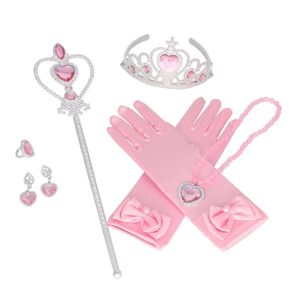 Kit Acessório Festa Beleza Princesa Bela Enfeites Rosa 06 peças - varinha, tiara/coroa, luvas, anel colar e brincos em Oferta na Shopee