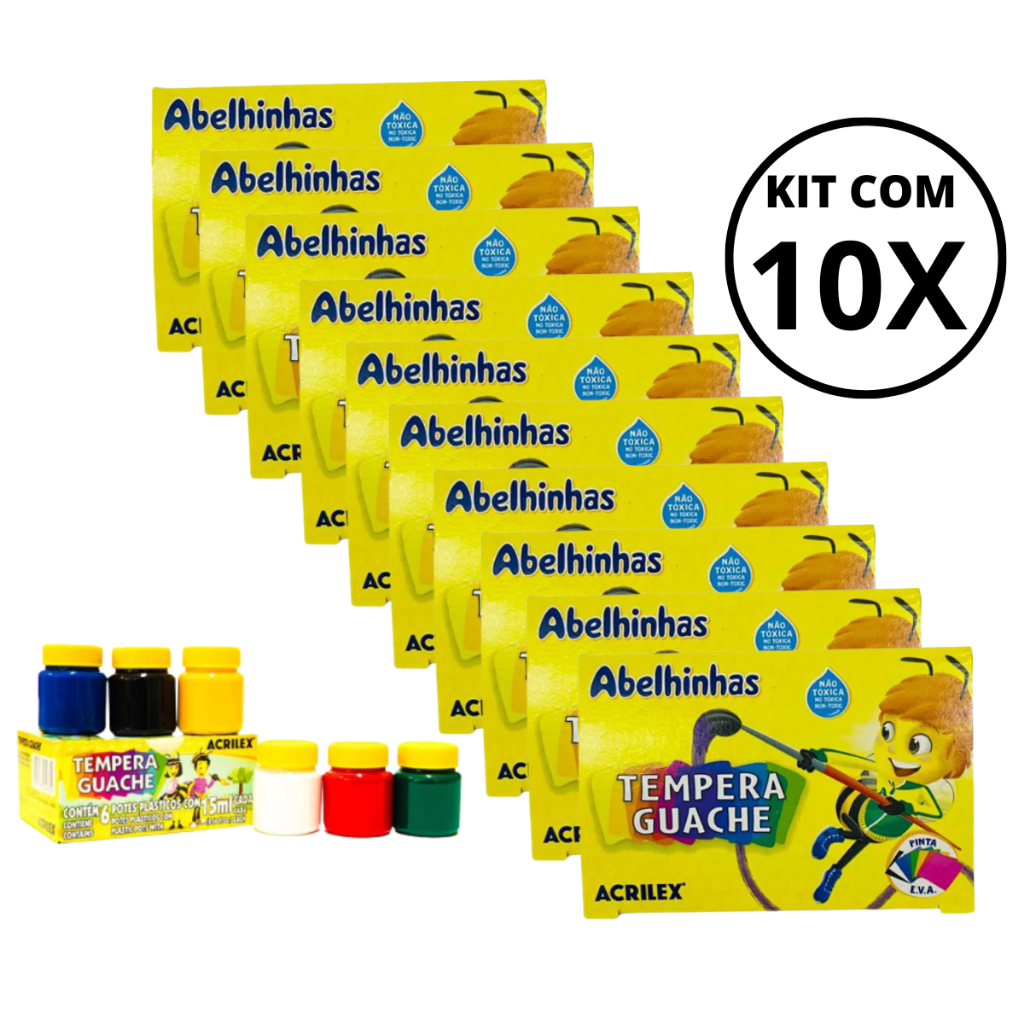 Kit 10 Caixas Tinta Guache Acrilex Com 06 Cores -15ml Cada pote em Oferta na Shopee