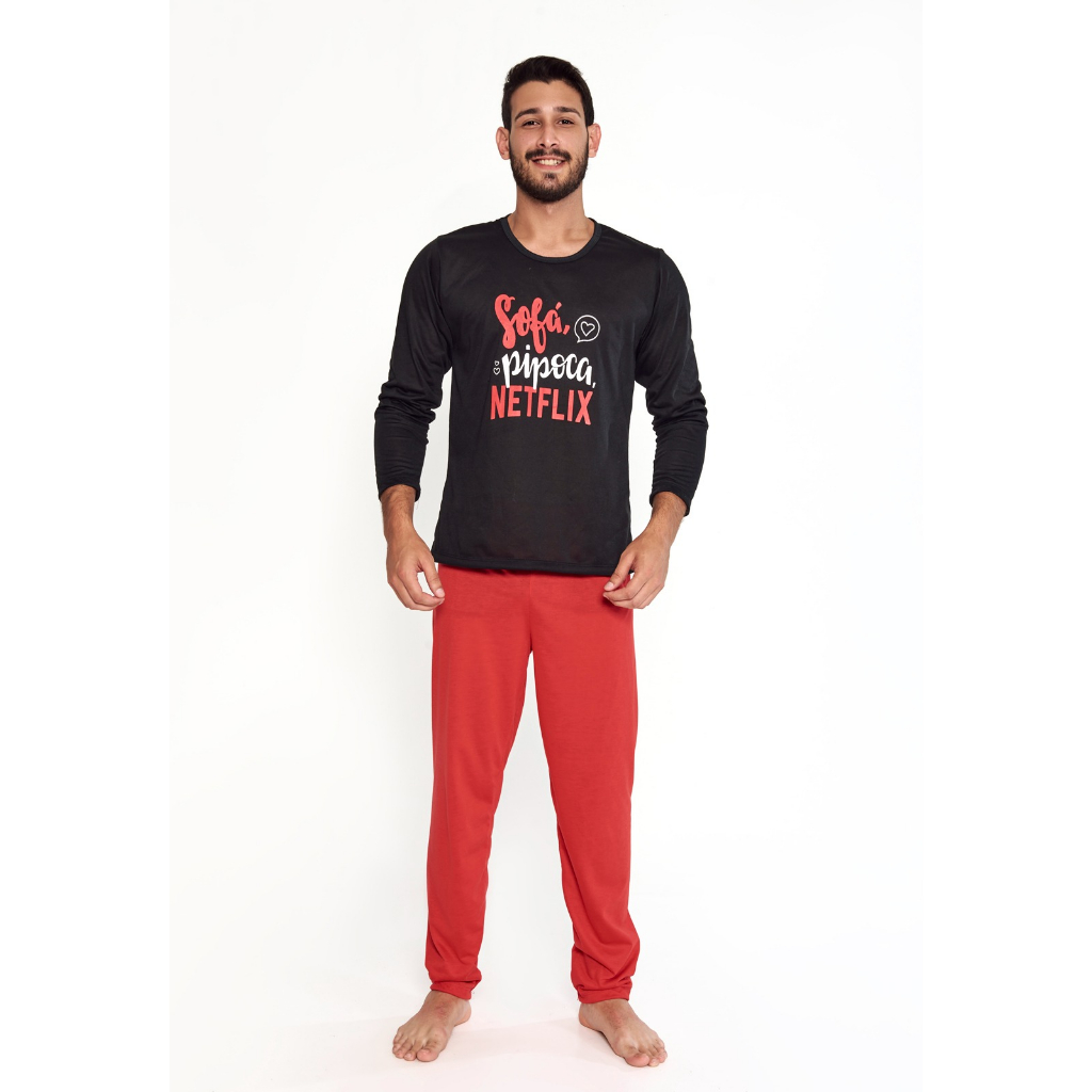 Pijama Masculino Manga Comprida Netflix Inverno Conforto Para Dormir Longo Adulto