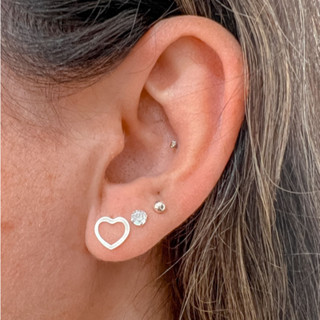 Brincos Femininos Kit Trio Coração Vazado 9mm Ponto de Luz 4mm Bolinha 3mm em Prata 925
