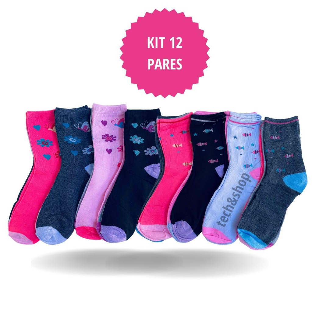 Kit 12 Pares Meia Cano Alto Feminino Estampado Adulto 34-40
