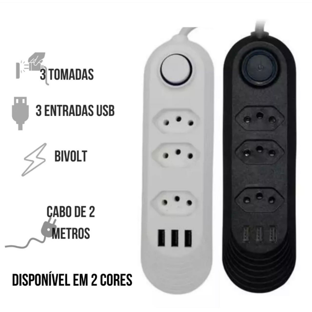 Extensão Tomada 2M 3 Tomadas E 4 USB ou 3 Tomas e 3 USB