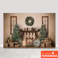 Fundo Fotográfico Natal Cenário Boho Lareira Painel para Fotos Em Tecido Sublimado - FNT-785
