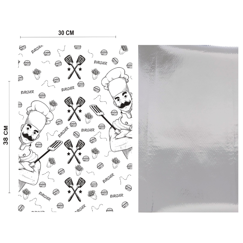 500 papel acoplado térmico 30x38 hamburguer lanches aluminio metalizado laminado em Oferta na Shopee