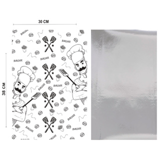 500 papel acoplado térmico 30x38 hamburguer lanches aluminio metalizado laminado em Oferta na Shopee