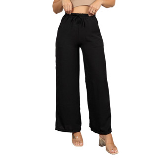 Calça Pantalona Feminina Cintura Alta Tecido Duna Com Elástico Na Cintura