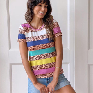Tshirt Básica Blusa Feminina Camiseta Gola O Malha Suplex Estampada Onça Listrada