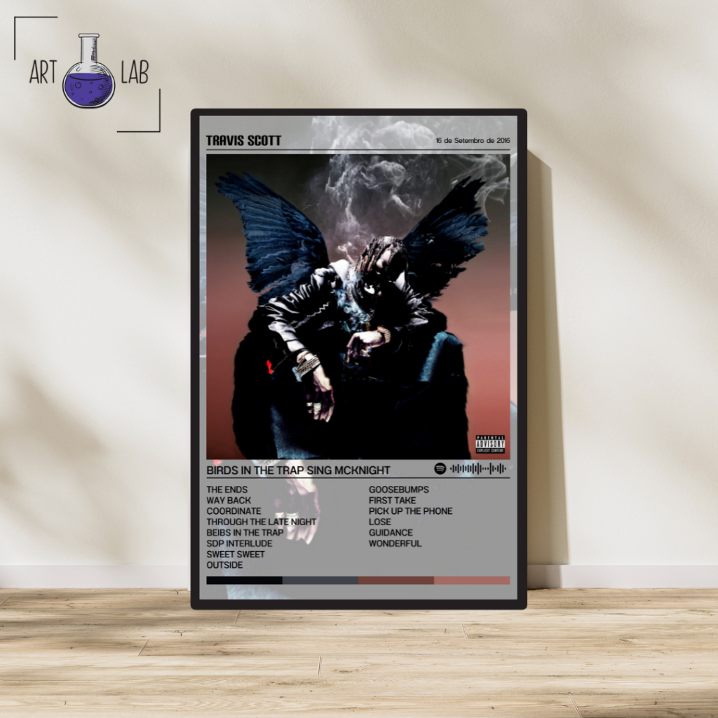 Quadro decorativo álbum Spotify Travis Scott Birds in the Trap Sing McKnight moldura e vidro
