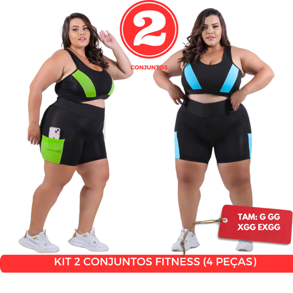 Kit 2 conjuntos de Academia feminino Short com bolso + Top G, GG, XGG e EXGG (40 ao 54) Modelo Curve