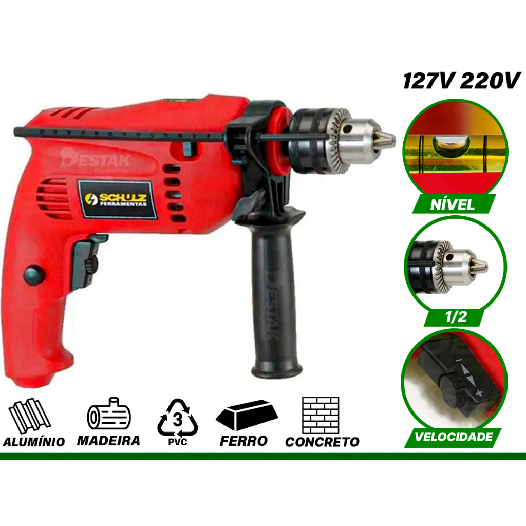 Furadeira Impacto Profissional Turbo Elétrica 3/8 500w 110V-127V ou 220v - Schulz