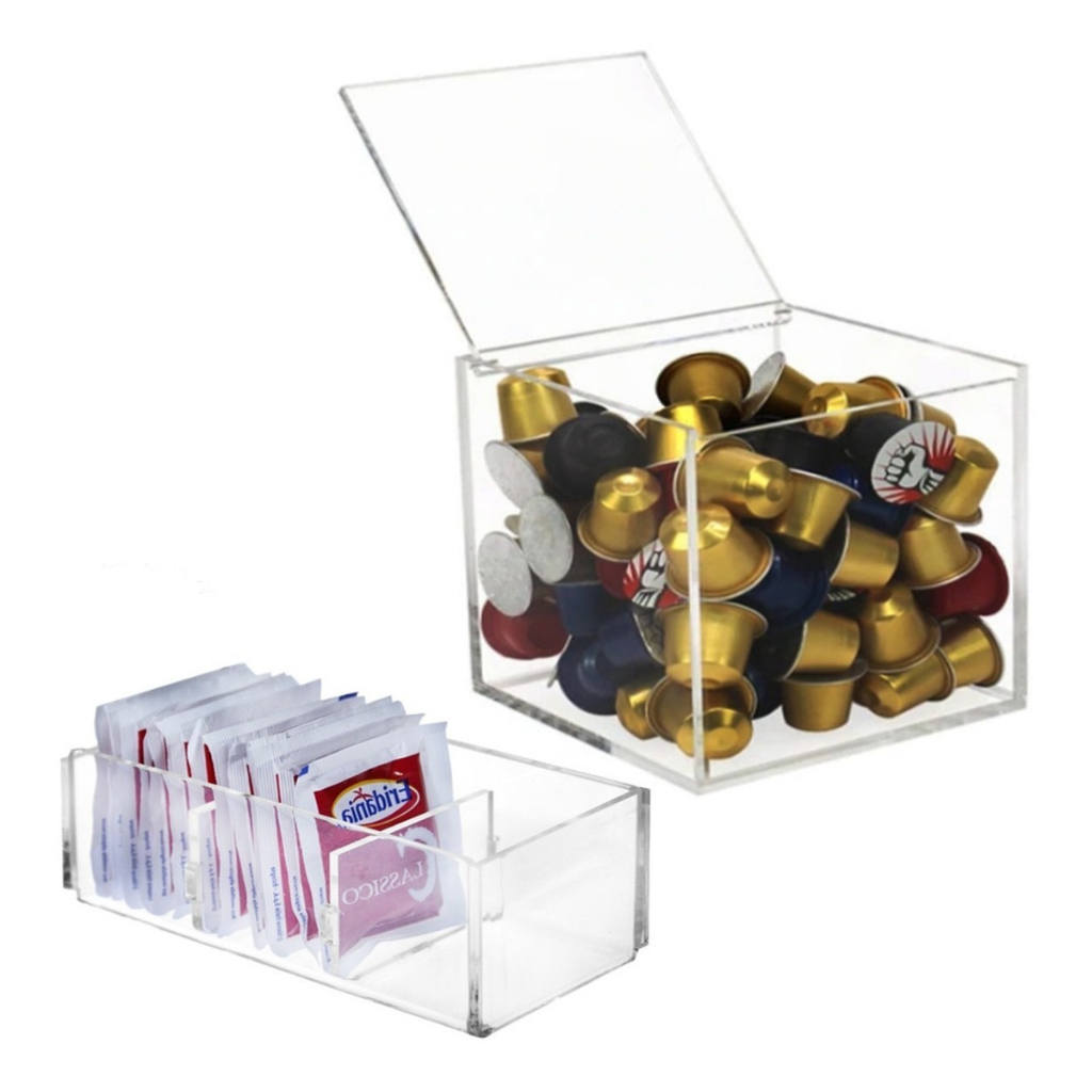 Kit Caixa Porta Cápsulas de Café + Caixa Porta Sachês de Açúcar C/ Tampa Articulada em Acrílico Cristal