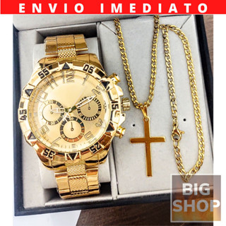 Masculino Relógio Dourado Banhado 18k + Pulseira Cuban 18K + Correntinha Cuban 18k Fininha