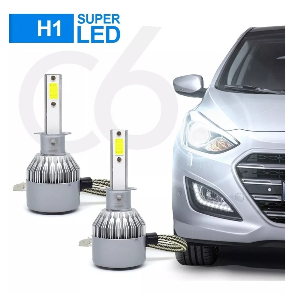 Par de LEDs para Farol Carro Modelo C6 / V10 / M1 / 6KS  Soquete Conector H1 Super Branca 6500K Fluxo 7200 Lúmens