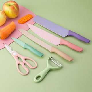Kit de Conjunto Facas Coloridas Tesoura Descascador Cozinha Gourmet 6 Peças em Oferta na Shopee
