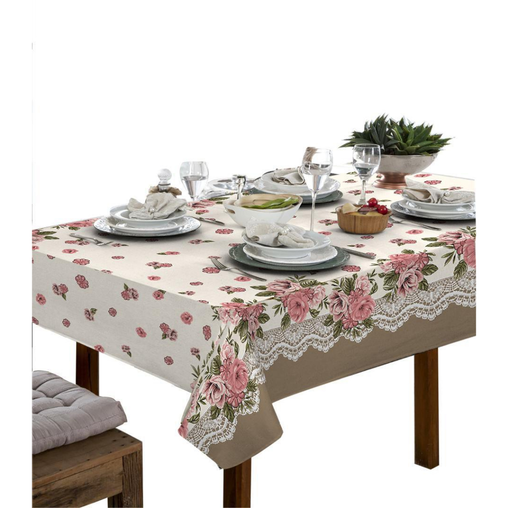 Toalha De Mesa Linhão 4 Lugares Quadrada Floral Bege