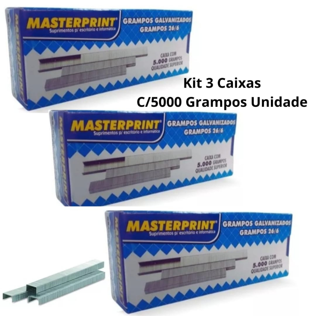 Grampos 26/6 Galvanizados 3 Caixas C/5000 Unidades para Grampeador Masterprint