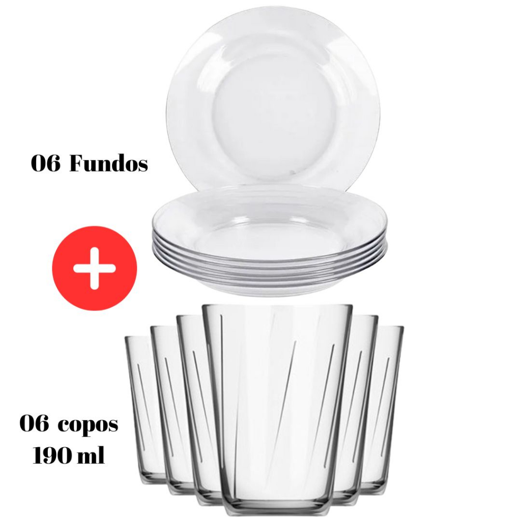 Kit  Jogo 12 Peças Jantar 06 Prato Astral Fundo + 06 Copo Amazon 190 ML Vidro Jogo  Almoço Resistente Suco Refrigerante Coca Microondas Temperado Transparente Nadir Borda Liso Lisa Platos