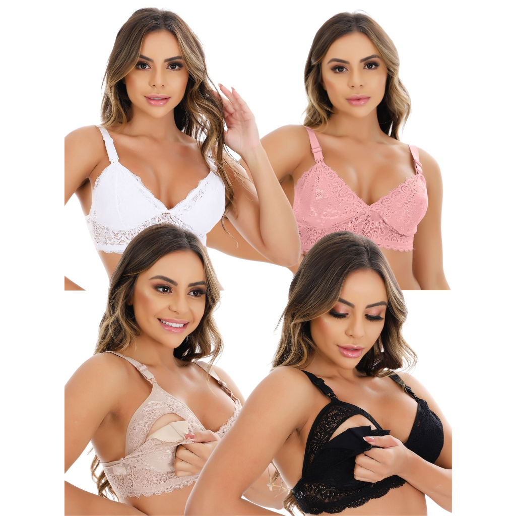 Kit 4 Sutiã Amamentação Renda Reforçado Gestante Pós Parto