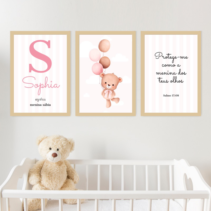 Kit 3 Quadros Decorativos Infantil Personalizado Nome Bebê Para Quarto Ou Porta Maternidade Urso Menina
