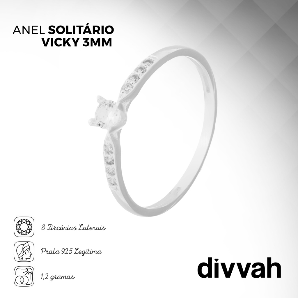 Detalhes do Anel Solitário Prata 925 Vicky Zircônia Central 3mm