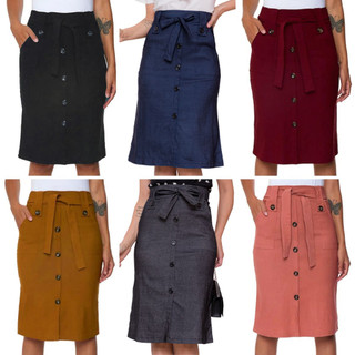 Saia Midi Babado Com Botões e Bolso Bengaline Moda Evangélica em Oferta na Shopee